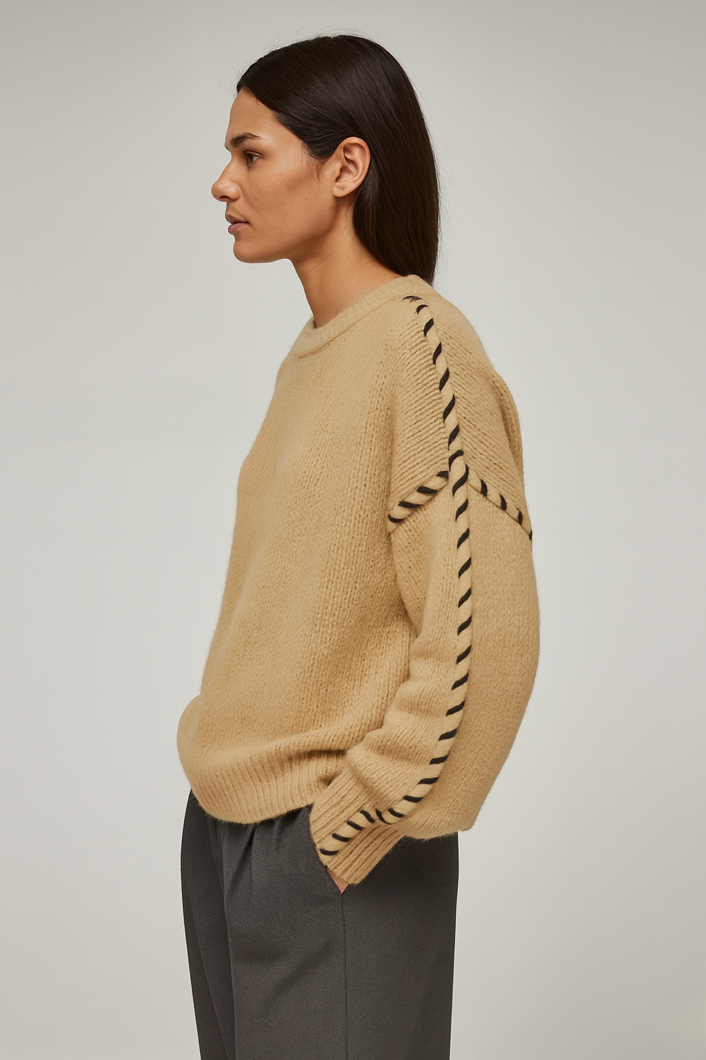 Oversized Knit Sweater for Women with Contrast Stitching – Soft Textured Pullover
