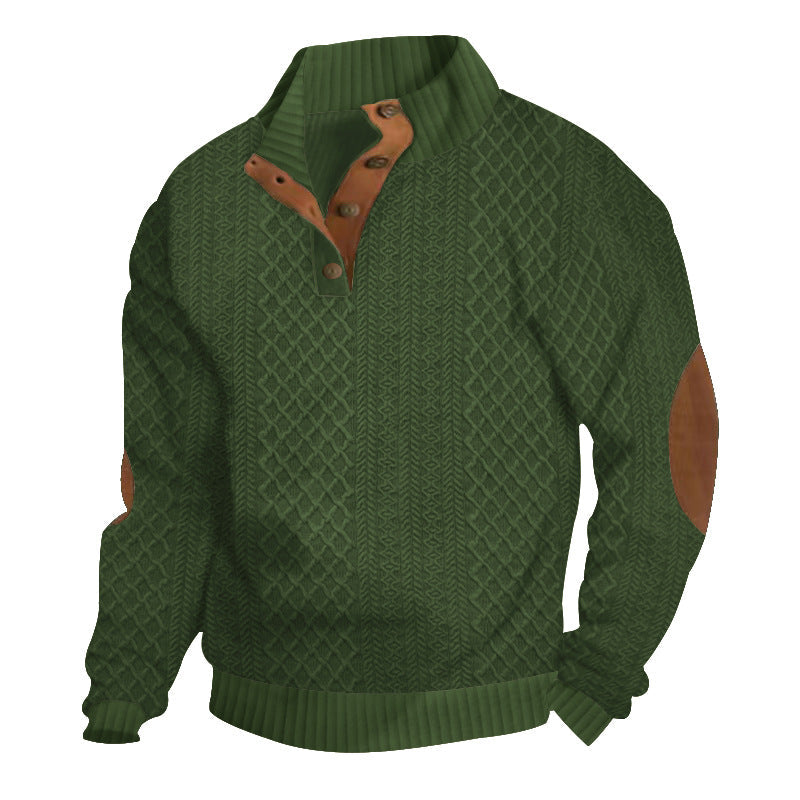 Men's Sweater - Wool Knit with Cable Pattern - High Collar with Buttons - Elbow Patches 7