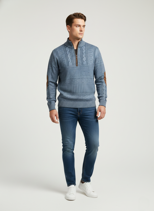 Men Wool Sweater – Half-Zip Cable Knit Pullover with Suede Elbow Patches