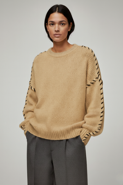 Oversized Knit Sweater for Women with Contrast Stitching – Soft Textured Pullover