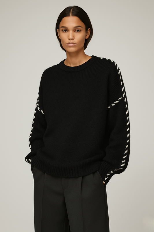 Oversized Knit Sweater for Women with Contrast Stitching – Soft Textured Pullover