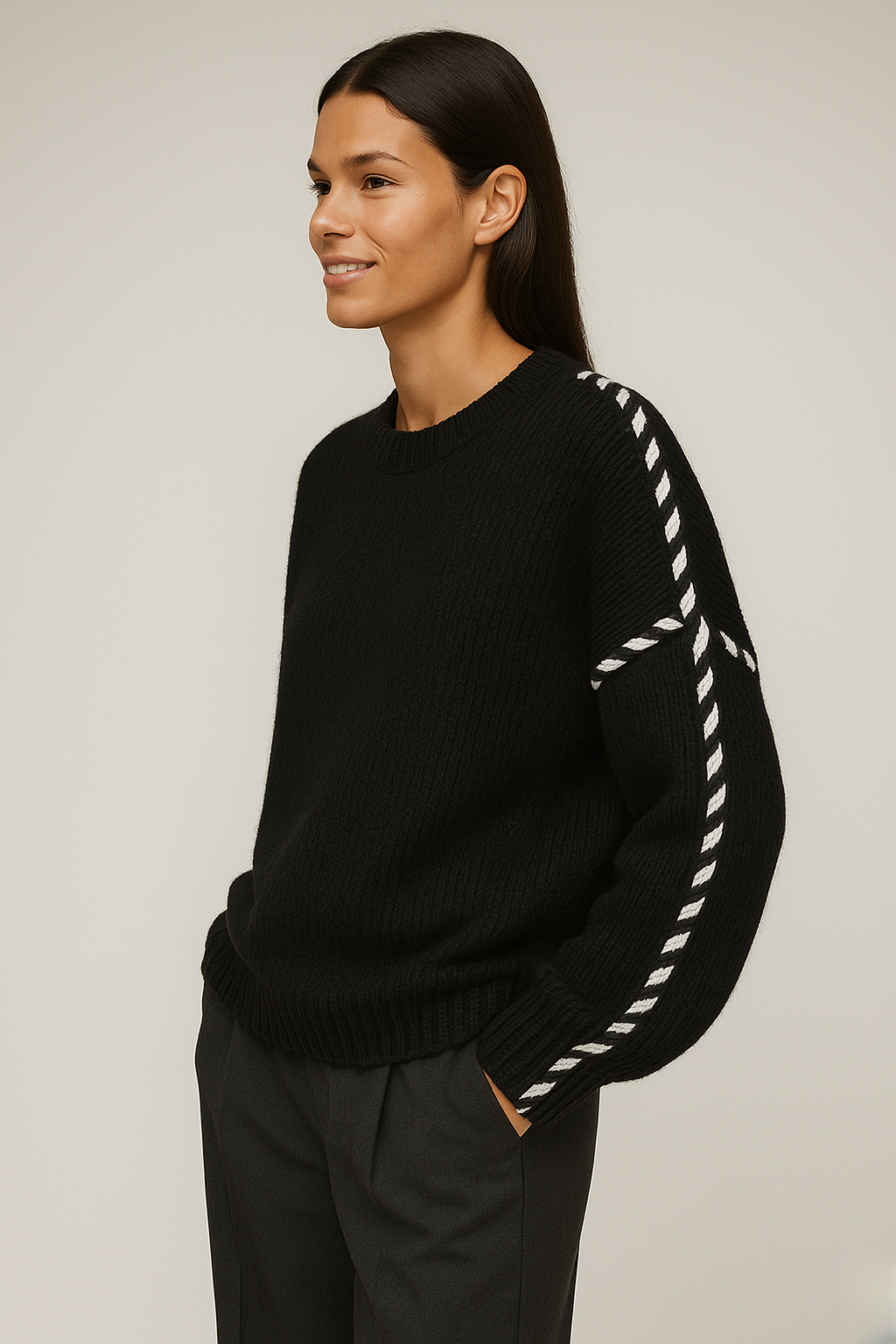 Oversized Knit Sweater for Women with Contrast Stitching – Soft Textured Pullover