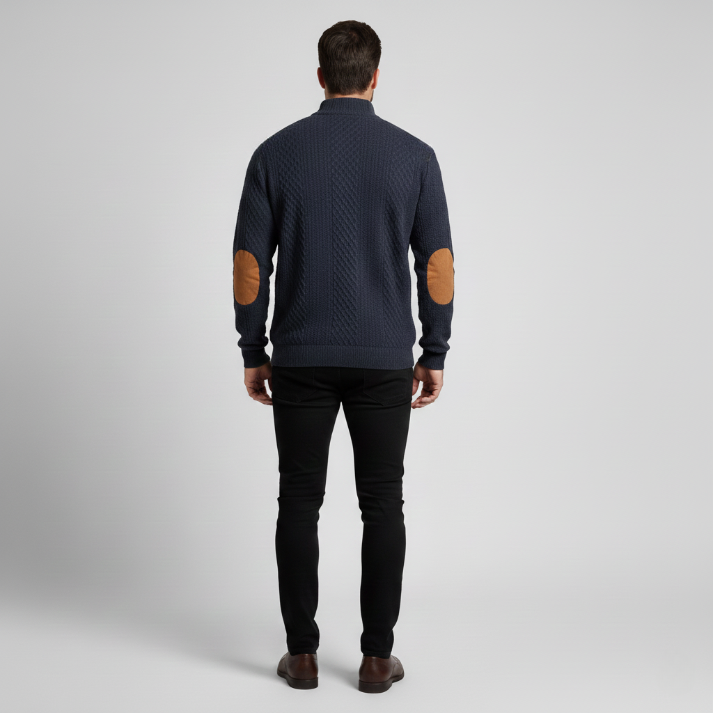 Men Sweater with Suede Elbow Patches - Quarter Button Mock Turtleneck