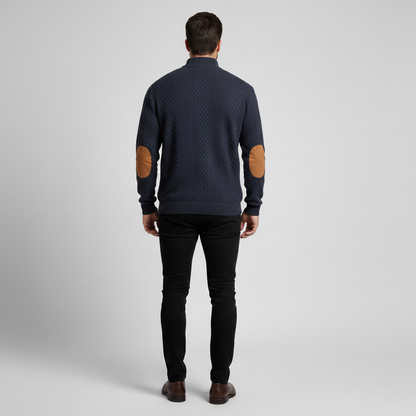 Men Sweater with Suede Elbow Patches - Quarter Button Mock Turtleneck