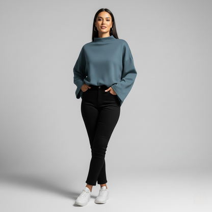 Nora Chic Oversized Mock Neck Top – Dropped Shoulder Top Essential