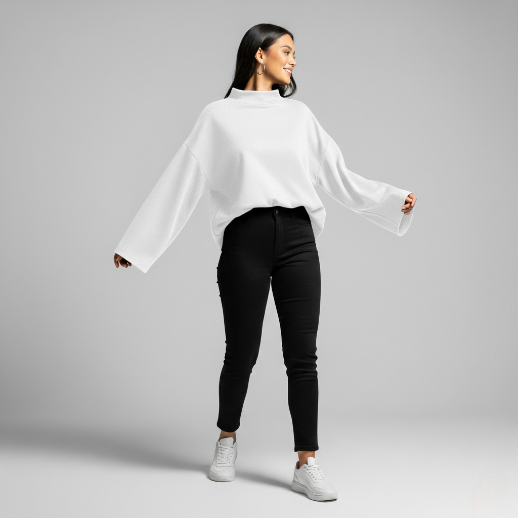 Nora Chic Oversized Mock Neck Top – Dropped Shoulder Top Essential