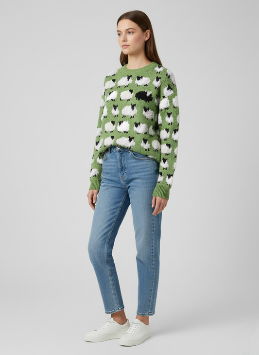 Black Sheep Cozy Knit Sweater - Sheep Print Pullover