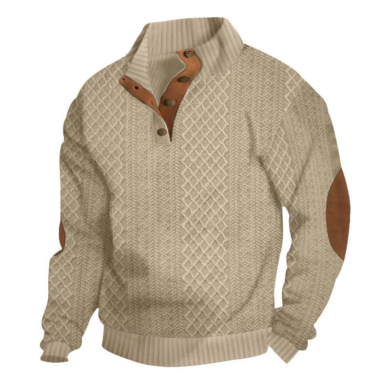 Men's Sweater - Wool Knit with Cable Pattern - High Collar with Buttons - Elbow Patches 0