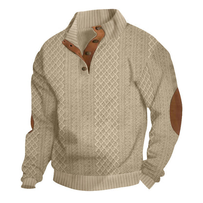 Men's Sweater - Wool Knit with Cable Pattern - High Collar with Buttons - Elbow Patches 0