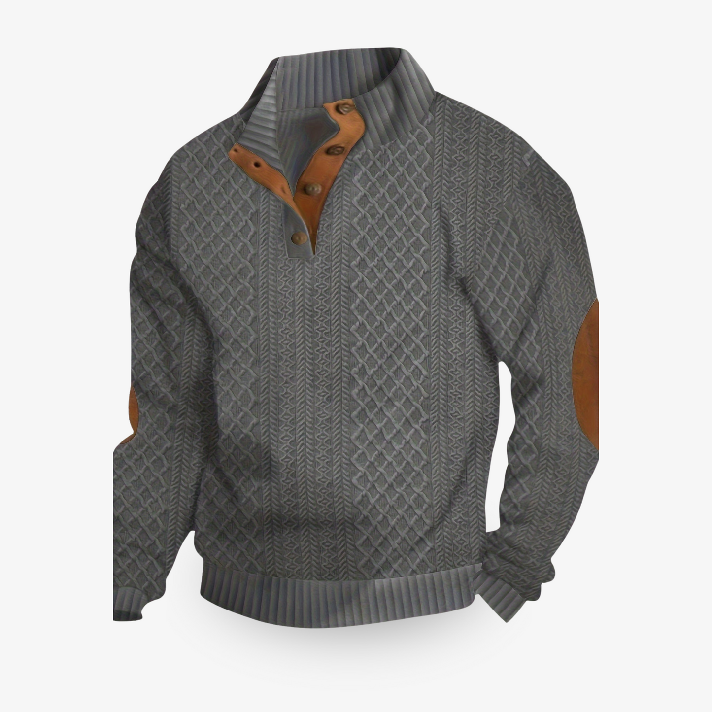 Men's Sweater - Wool Knit with Cable Pattern - High Collar with Buttons - Elbow Patches 4