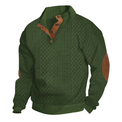 Men's Sweater - Wool Knit with Cable Pattern - High Collar with Buttons - Elbow Patches 7